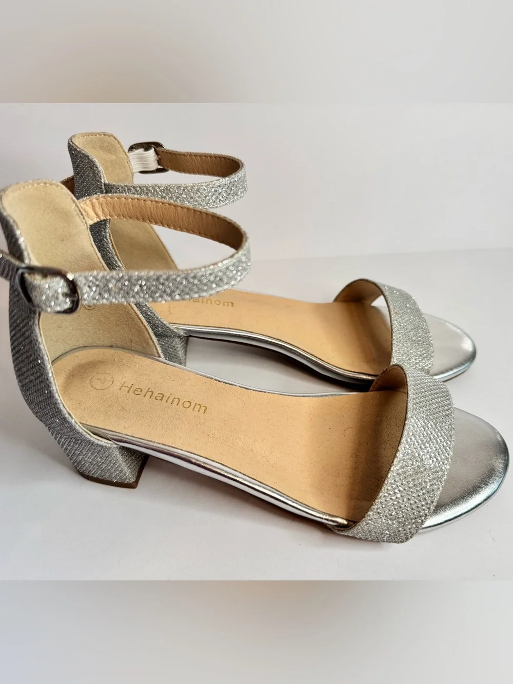 Girls Silver Glitter Block Heel Sandals Size 4 Wedding Party Dress Shoes